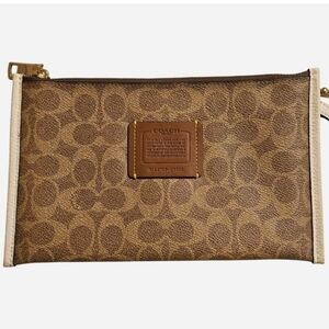 Coach Tan and Brown Signature Large Zip Wristlet - EUC